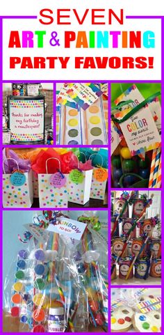 an assortment of party favors and decorations for a kids's art and painting party