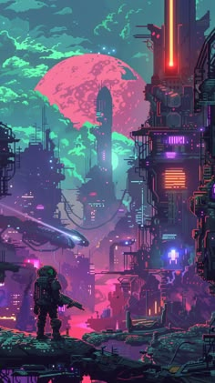 a sci - fi cityscape with neon lights and an alien ship in the distance