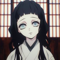 an anime character with long black hair and blue eyes