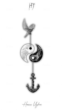 an anchor, bird and moon tattoo design