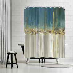 a shower curtain with an abstract painting in blue and white colors on it, next to a stool