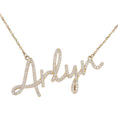 14K Solid Gold Diamond Personalized Name "Arlyn" Adjustable Rolo Chain Made from high-quality 14K gold, this necklace exudes luxury and sophistication. The delicate Rolo chain adds a touch of finesse to the design, creating a piece that effortlessly enhances any outfit, whether it's for everyday wear or special occasions.  Weight: 5.8 g Material: 14K Yellow Gold Length: 16"-17" Adjustable- 20mm Long Pendant Width: 2" Pendant Diamonds: 115 x 0.005Ctw=0.58Ctw Color and Clarity: H/I1 Total Carat We Elegant Yellow Gold Name Necklace With Diamond Accents, Elegant Diamond Name Necklace, Elegant Diamond Name Necklace With Adjustable Chain, Elegant Gold Name Necklace With Diamond Accents, Elegant Gold Name Necklace With Cable Chain, Elegant 14k Gold Name Necklace With Clavicle Chain, Elegant Yellow Gold Name Necklace With Cable Chain, Real Gold Jewelry, Gold Diamond Necklace