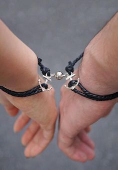 A set of 2 magnetic bracelets feature anchor charm, a truly special and meaningful gift to your loved one! The bracelet will wrap only once around your wrist and makes for a nice subtle accessory bringing out the outdoor and adventurous person in you.  This could be a perfect friendship gift, couples anniversary gift, valentines gift, wedding gift.  I T E M - D E T A I L S  - 100% handmade  - A set of 2 bracelets  - magnetic closures engraved with initials  - charm: silver anchor  - rope finish: black, brown  - adjustable knot: wrist sizes from 6.5 to 9.5 inches  - fonts: standard, classic(by default), holy, cursive, kaufmann, old london  H O W - T O - O R D E R  1. Select options from the dropdown menu  2. Add to cart and proceed to checkout  3. Submit your initials in the buyer¡¯s note s Ldr Bracelets, Bracelets Heart, Matching Couple Bracelets, Bracelet Matching, Handwriting Bracelet, Coordinates Bracelet, Slip Knot, Couples Bracelet, Anchor Charm