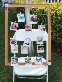 a white chair with pictures pinned to it