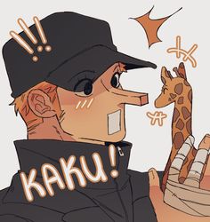 a drawing of a man holding a giraffe in his hand with the word karu written on it