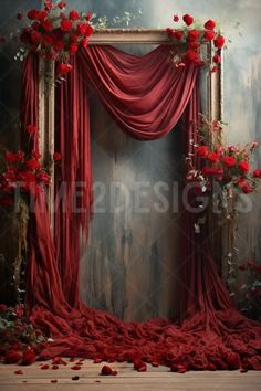 an old photo frame with red roses on it and a curtain draped over the doorway