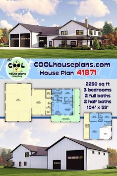 two story house plan with 3 bedroom and 2 bathrooms in the front, three car garages on each side