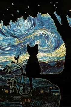 a cat sitting on top of a tree branch in front of a starr night sky