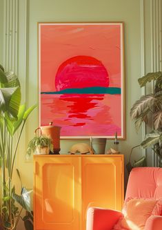 a living room with an orange chair and large painting on the wall above it's sideboard