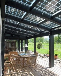 an outdoor covered patio with table and chairs