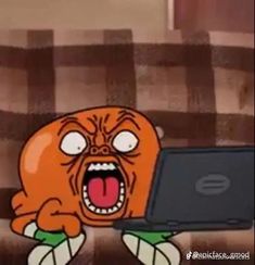 an orange cartoon holding a laptop with its mouth open