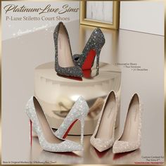 three pairs of high heeled shoes sitting on top of a cake with the caption's description below