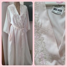 Authentic Miss Dior Vintage Ilgwu Silky Satin Embroidered Robe Womens Size Medium Excellent Vintage Condition Flaws: Shown In Photo 9 A Few Small Discolored Spots On The Backside Of The Tie/Strap - May Be Able To Be Cleaned. Can Easily Be Hidden As Well. Absolutely Stunning Vintage Robe From Christian Dior - Miss Dior Boutique <3 Pretty Baby Pink Smooth Satin Bodice With Gorgeous Lace Trim And Floral Embroidery Along The Collar Trim. Features Include: Cinched At The Waistline, With A Tiny Snap Closure, Small Inner Tie And Outer Strap Tie. It Also Has Pockets! Beautiful Robe - I Totally Wish It Fit Me! My Loss Is Your Gain. Ilgwu - Union Made Vintage 70's-80's All Polyester, Imported Fab Embroidered Robe, Dior Boutique, Luxury Robes, Embroidered Robes, Dior Vintage, Silk Robe, Union Made, Miss Dior, Sleepwear Robe