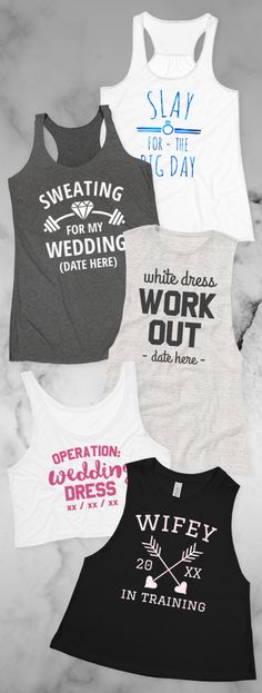 six different types of tank tops on a marble surface with the words, wedding and work out