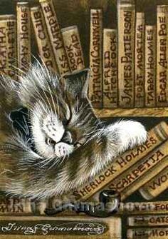 a painting of a cat sleeping on top of a bookshelf filled with books