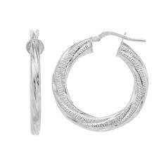 Enhance your ensembles with the timeless style of these sterling silver twisted hoop earrings.EARRING DETAILS Length: 1.3 in. Backings: click-it Metal: sterling silver Plating: rhodium Packaging: boxed  Size: One Size. Gender: female. Age Group: adult. Sterling Silver Hoop Jewelry With A Modern Twist, Modern Twist Sterling Silver Hoop Jewelry, Modern Twist Sterling Silver Hoop Earrings, Silver Jewelry With Diamond Cut In Modern Style, Classic Twisted Silver Jewelry, Classic Silver Twisted Jewelry, Modern Twist Silver Hoop Jewelry, Silver Sterling Diamond Cut Hoop Earrings, Twisted Earrings