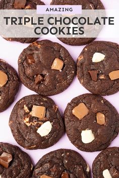 chocolate cookies with marshmallows on top and text overlay reading amazing triple chocolate cookies