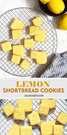 lemon shortbread cookies on a cooling rack with lemons in the background and text overlay