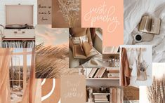 a collage with various pictures and words in pink, orange, beige and white