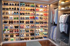 a closet filled with lots of shoes next to a wall mounted shoe rack full of hats