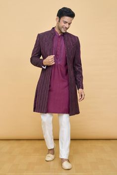 Wine jacket with sequin hand work embellishments. Comes with embroidered placket kurta and contrasting pant. - Aza Fashions Elegant Multicolor Embroidered Outerwear For Festive Occasions, Elegant Festive Outerwear With Multicolor Embroidery, Elegant Multicolor Embroidered Festive Outerwear, Elegant Festive Multicolor Embroidery Outerwear, Embellished Long Sleeve Bandhgala For Festivals, Traditional Fitted Embellished Outerwear, Fitted Outerwear With Intricate Embroidery For Festive Season, Fitted Traditional Embellished Outerwear, Fitted Festive Outerwear With Intricate Embroidery