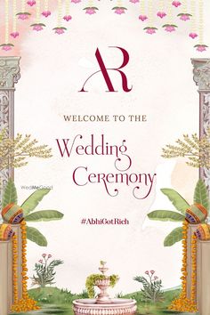 the wedding ceremony card is decorated with flowers and greenery, including an ornamental fountain