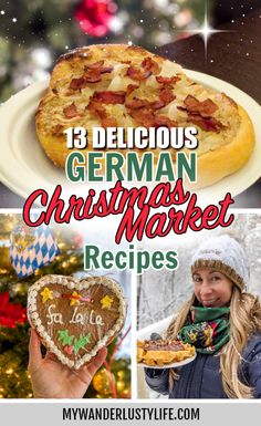 the german christmas market recipe is featured in this collage with pictures of food and decorations