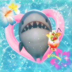 a shark with a cocktail in its mouth floating on top of a pink floater