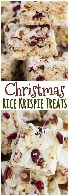 white chocolate cranberry pecan rice krispy treats are stacked on top of each other