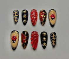 Size small, medium length chrome lady bug nails. Added charms and 3D nail art. ladybug themed, hand painted. Comes with nail glue and nail file. Bug Nails Acrylic, Bug Nail Designs, Bug Nails Art, Ladybug Nails Designs, Miraculous Ladybug Nails, Insect Nails, Bug Nails, Ladybug Nail Art, Bumble Bee Nails