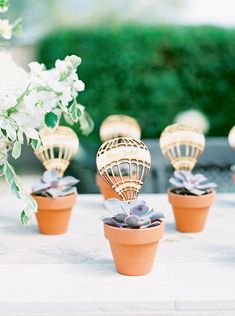 small pots with succulents and air balloons on top of a white table