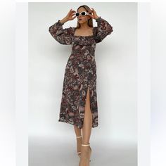 Lined, Smock Back Waist, Long Sleeve; Approximately Pit To Pit -16”; Waist 14”;Length-44,5” Winter Brown V-neck Midi Dress, Brown V-neck Midi Dress, Stretch Brown V-neck Midi Dress, Spring V-neck Midi Dress With Paisley Print, Spring Paisley Print V-neck Midi Dress, Smocking, New Color, Midi Dress, Womens Dresses