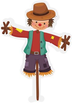 a scarecrow standing on top of a wooden pole with his arms out and legs crossed