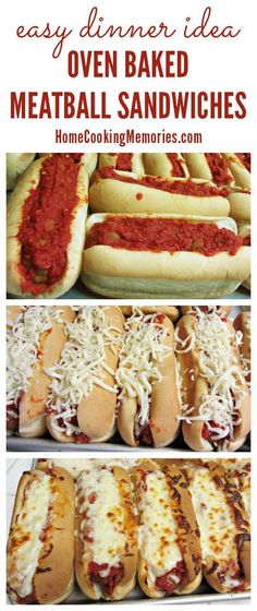 several different types of baked meatball sandwiches with text overlay that reads easy dinner idea oven baked meatball sandwiches