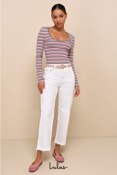 We're loving the weekend vibes we're getting from the DAZE Denim Sundaze Cream Distressed High Rise Dad Jeans! Stretchy woven denim shapes a high-waisted fit and straight pant legs with roughed-up hems. Belt loops, top button, hidden zipper fly, and five-pocket cut. Bonus utility pocket and hammer loop at either side. Logo tag at back. Fit: This garment fits true to size. Length: Ankle length. Size 28 Inseam: 26.50 Front Rise: 11.25 Waist: Fitted - very fitted at natural waist. Hip: Fitted - con Casual Striped Straight Leg Jeans, Casual Striped Cotton Jeans, Striped Relaxed Fit Jeans For Spring, White Denim Everyday Top, Everyday White Denim Top, White Denim Tops For Everyday, Casual Striped Jeans For Spring, Chic Striped Straight Leg Jeans, Casual Striped Jeans For Fall