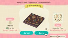 an animal crossing game screen showing the menu for pine needles and how to use it