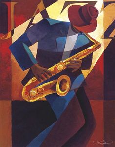 a painting of a man with a saxophone in his hand and a hat on his head