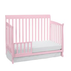 a pink crib with a white mattress on the bottom and side rails, in front of a white background