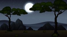 a night scene with mountains and trees in the foreground, and a full moon on the horizon