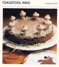 an advertisement for toadstool ring cake with mushrooms on top