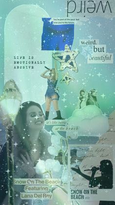 a collage of photos with the words snow on the beach and stars in the sky