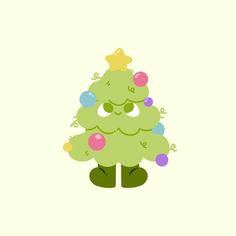 a green christmas tree with decorations on it's head and eyes, standing in front of a white background