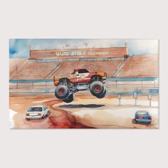 a painting of a monster truck in the air