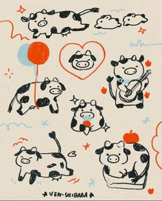 an image of cows with balloons and hearts on the back of their heads in various poses