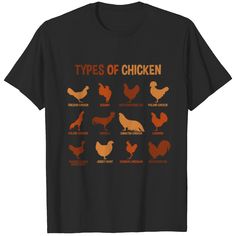 the types of chickens on a black t - shirt with an orange and red design