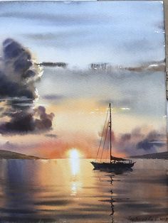 a painting of a sailboat on the water at sunset with clouds in the sky