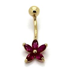 "14K Yellow Gold Cluster Flower Belly Ring with Clear or Red CZ -14 Gauge by 7/16\" -4.5mm Screwball -Cubic Zirconia gemstone in clear or red -External Threading" Gold Ruby Flower Ring, Pink Ruby Flower-shaped Jewelry, Red Flower Shaped Gemstone Jewelry, Red Flower-shaped Gemstone Jewelry, Gold Ruby Ring With Flower Shape, Gold Flower Ruby Ring, Fine Jewelry Red Flower-shaped Jewelry, Fine Jewelry In Red Flower Shape, Red Flower Shaped Fine Jewelry