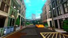 an animated city street scene with cars and buildings