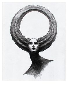 a drawing of a woman's head with large horns