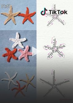 four different types of crocheted starfishs are shown in three different colors